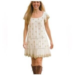Muche & Muchette‎ White Gold Embroidered Tiered Boho Babydoll Dress O/S READ